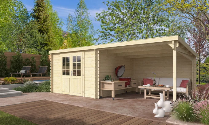 Abri de jardin Moussy 34mm - 8,13m² intérieur + préau 8.13m²